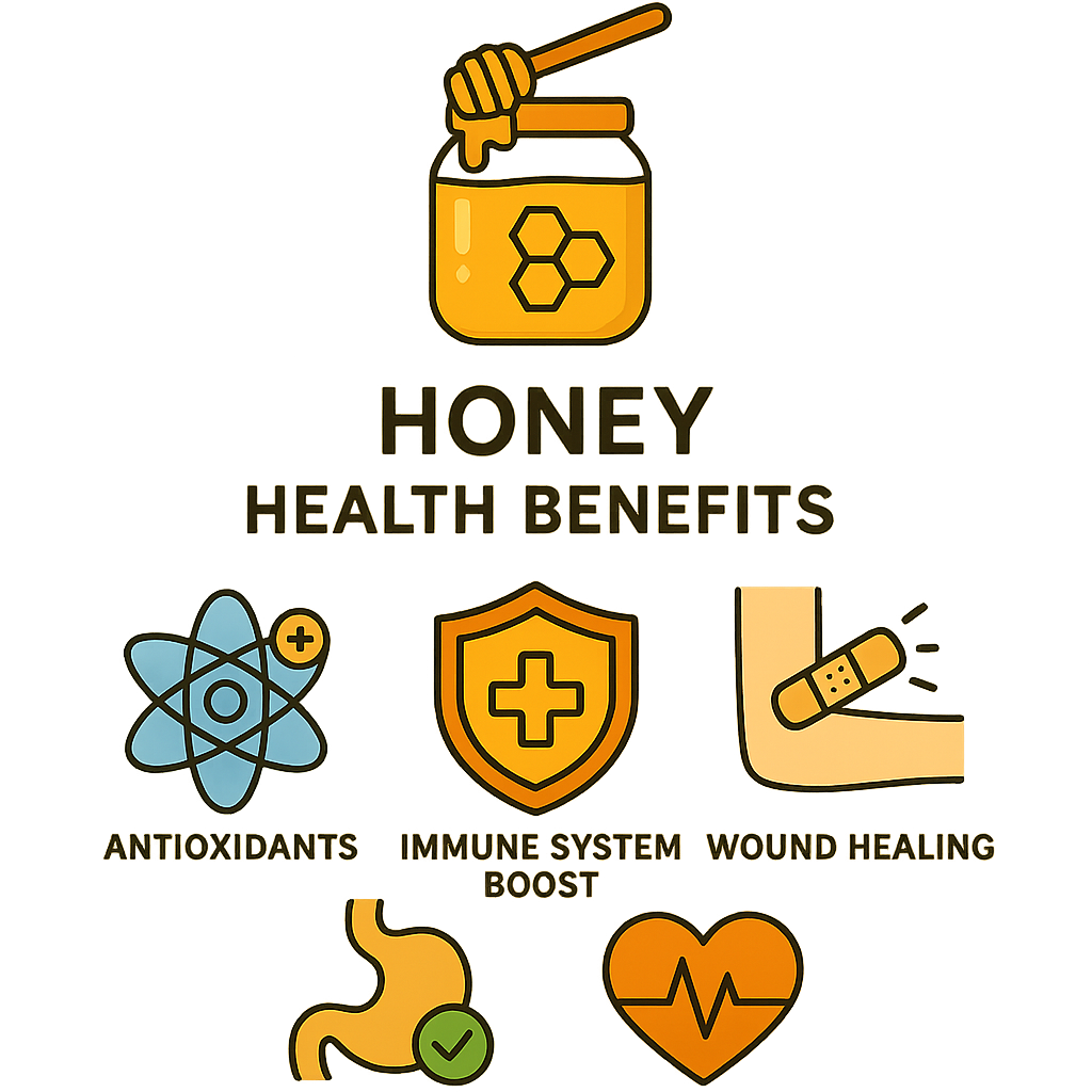 Infographic depicting various honey health benefits including immunity and antioxidants